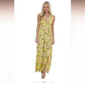 Yellow Floral V Neck Sleeveless Maxi Dress - Size Large